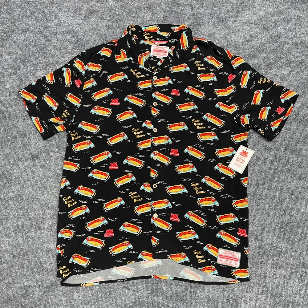 Party Pants Camp Shirt Mens Small‎ Black Wienerschnitzel Sun Your Buns Hot Dog